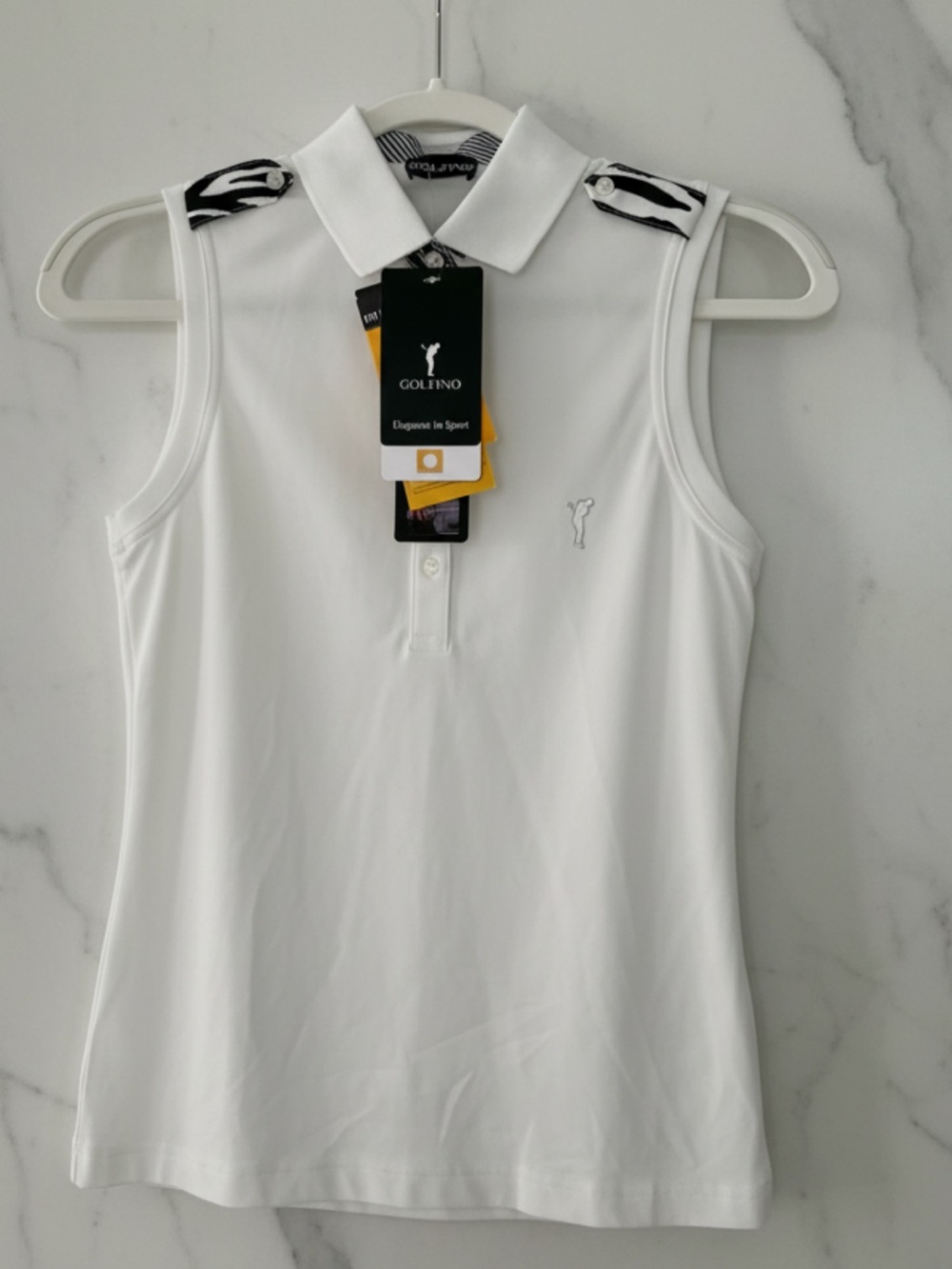NWT GOLFINO White Sleeveless Golf Polo Zebra Trim Performance Top/Retired